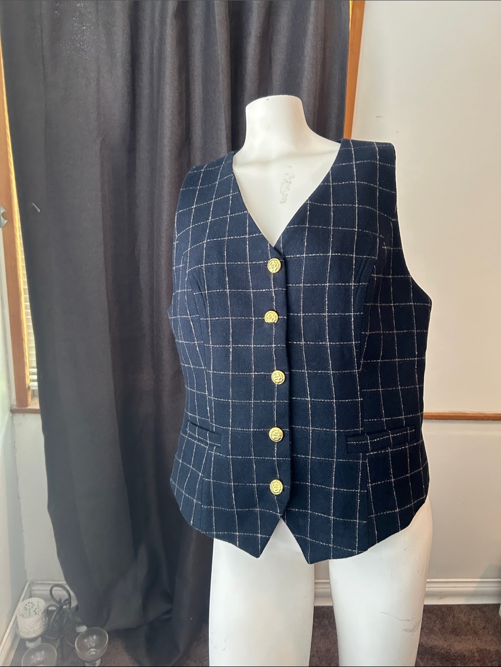 Mooyius Windowpane Navy/White Button-Front Women's Vest